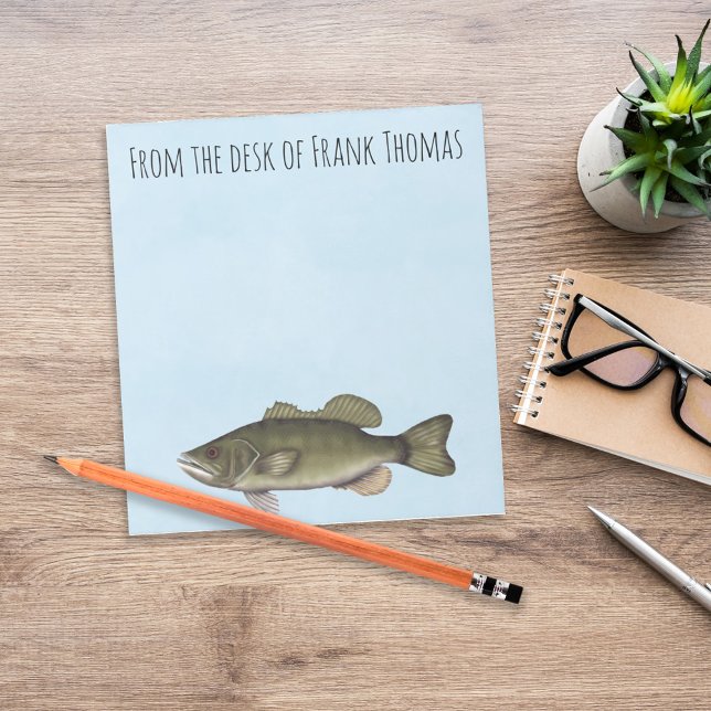 Personalized Bass Fishing Lake Life Desk  Notepad (Personalized bass fishing desk stationery with freshwater fish and lake life theme.)