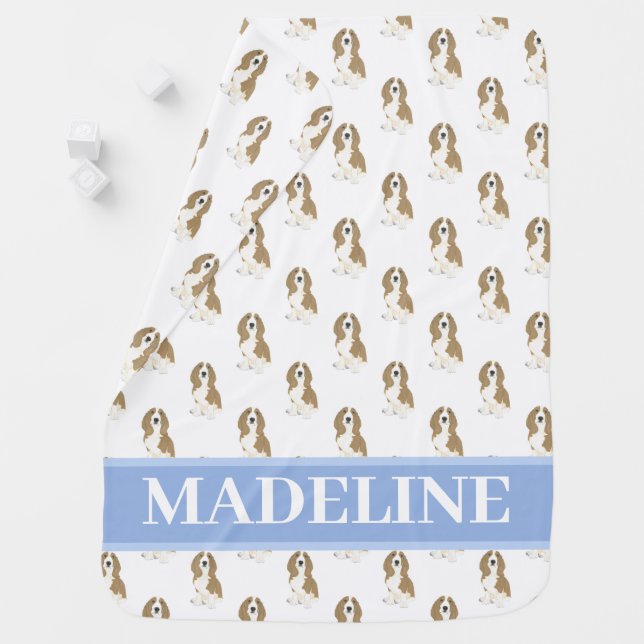 Personalized Basset Hound Blue & White Baby Blanket (In Situ)