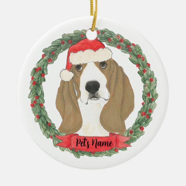 Personalized Basset Hound Christmas Ceramic Ornament (Front)