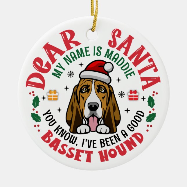 Personalized Basset Hound Dog Christmas Tree Round Ceramic Ornament (Front)