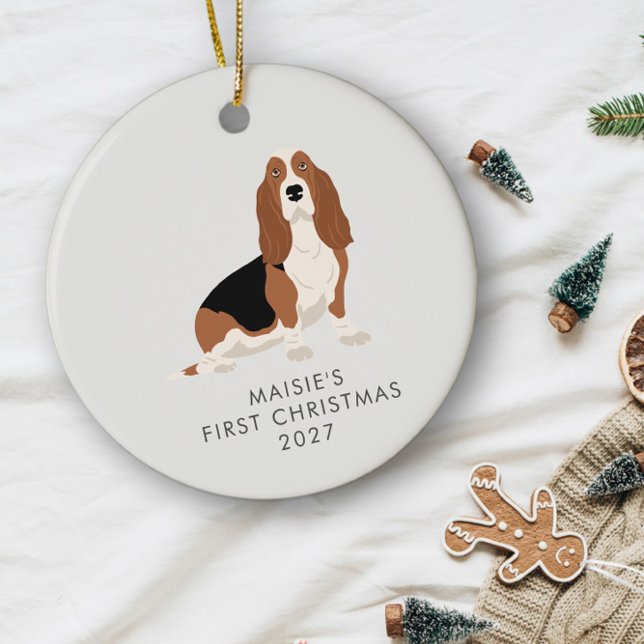 Personalized Basset Hound Dog First Christmas Ceramic Ornament (Creator Uploaded)