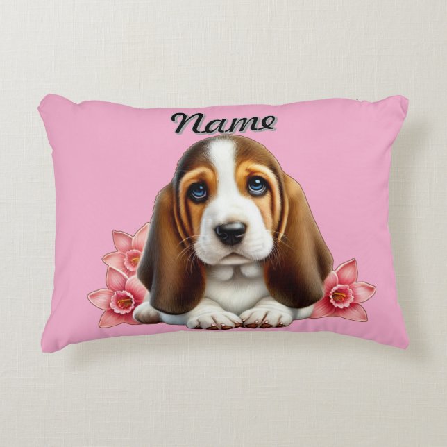 Personalized Basset Hound Puppy With Flowers Accent Pillow (Front)