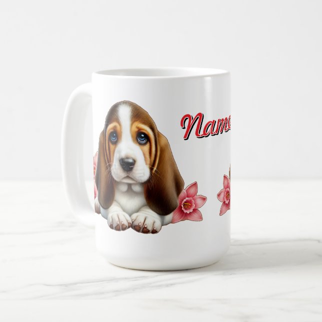 Personalized Basset Hound Puppy With Flowers Coffee Mug (Front Left)