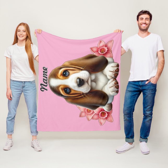 Personalized Basset Hound Puppy With Flowers Fleece Blanket (In Situ)