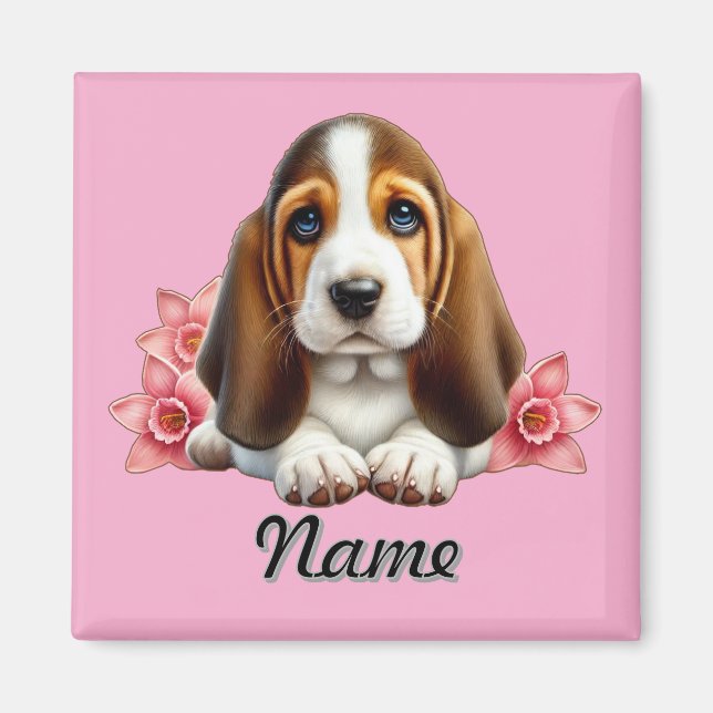 Personalized Basset Hound Puppy With Flowers Magnet (Front)