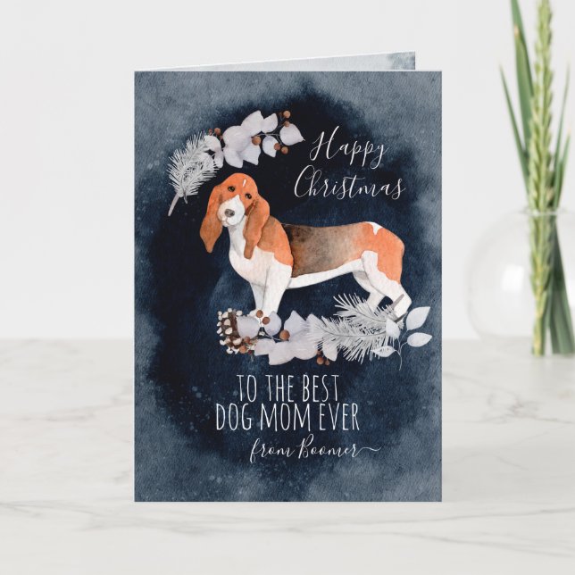 Personalized Bassett Hound Mom Christmas Holiday Card (Front)
