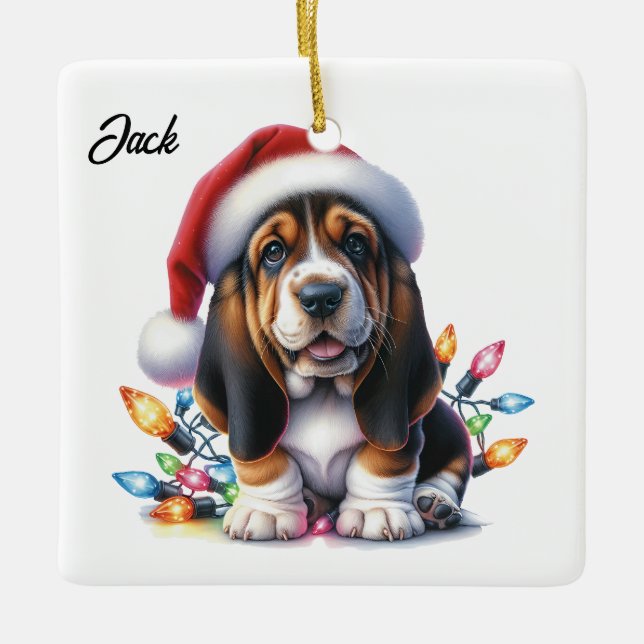 Personalized Bassett Hound Santa Christmas Ceramic Ornament (Front)