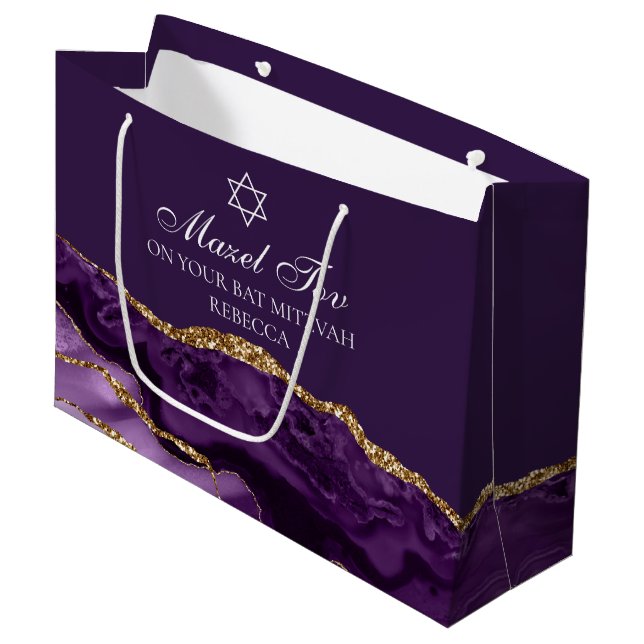 Personalized Bat Mitzvah Mazel Tov Purple Gold Large Gift Bag (Front Angled)
