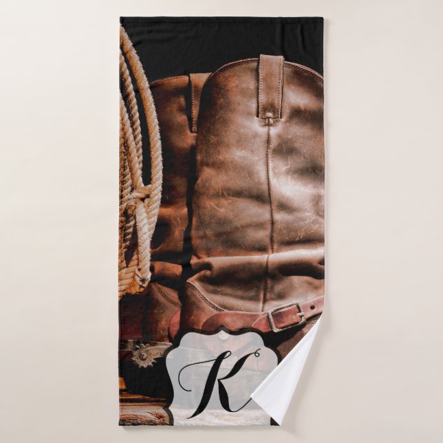 Personalized Bath Towel Cowboy Boots Barn Wood Rus (Bath Towel)