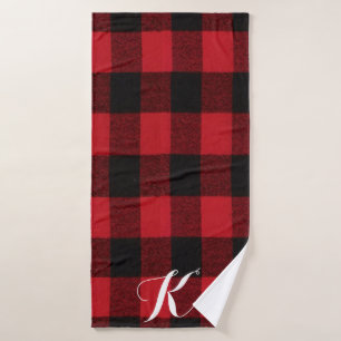 Personalized Bath Towel Red Buffalo Plaid Bear Bla
