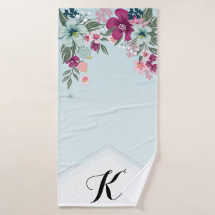 Personalized Bath Towel Tropical Flowers on Blue O