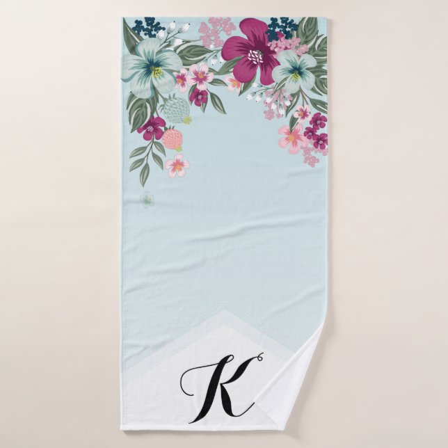 Personalized Bath Towel Tropical Flowers on Blue O (Bath Towel)