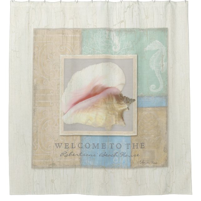 Personalized Bathroom Decor Beach House Shell Art Shower Curtain (Front)
