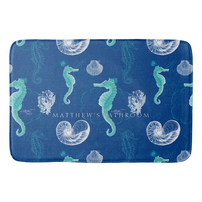 Personalized Bathroom Decor Seahorse Shells Beach Bathroom Mat (Front)