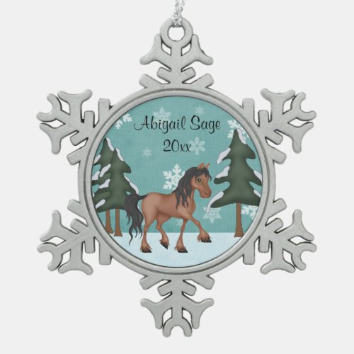 Personalized Bay Horse Winter Woodland Holiday Snowflake Pewter Christmas Ornament