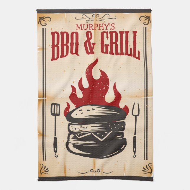Personalized BBQ and Grill Family Burger Flames Kitchen Towel (Vertical)