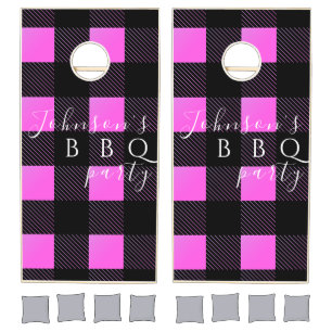 Personalized BBQ Party Hot Pink Buffalo Plaid Cornhole Set