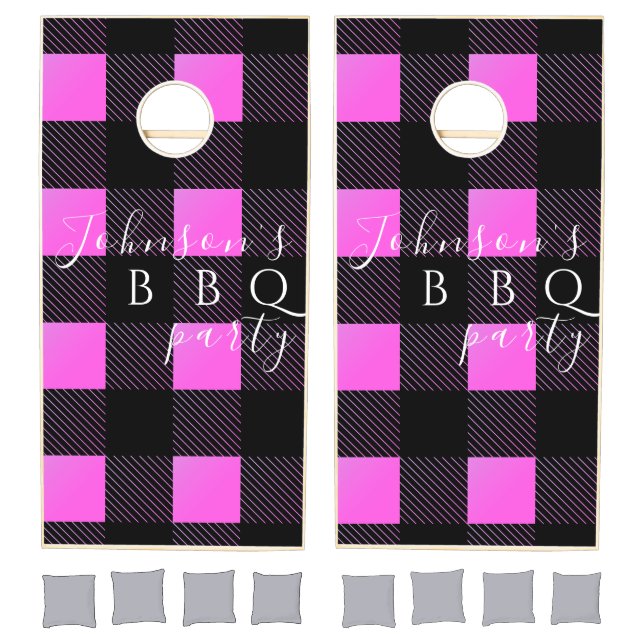 Personalized BBQ Party Hot Pink Buffalo Plaid Cornhole Set (Set)