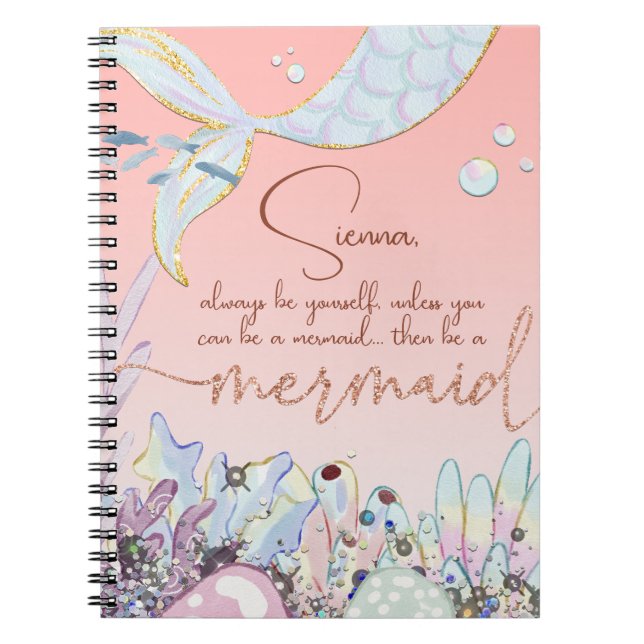 Personalized "Be a Mermaid" Pastel Glitter Notebook (Front)