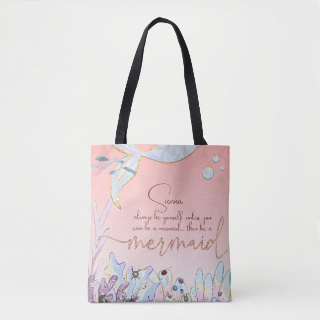 Personalized "Be a Mermaid" Pastel Glitter Tote Bag (Front)