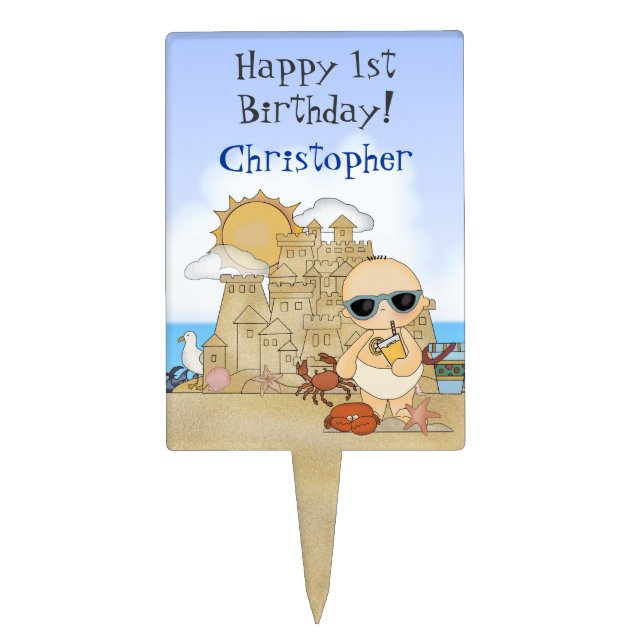 Personalized Beach Baby 1st Birthday Cake Topper (Front)