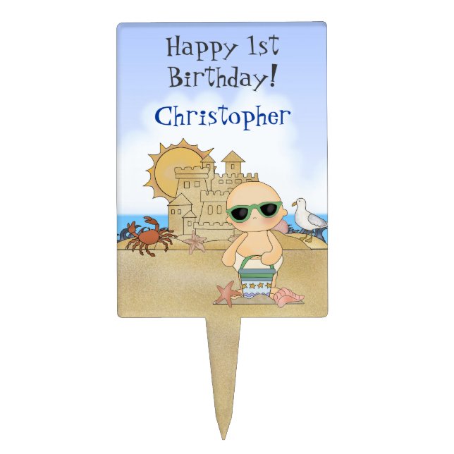 Personalized Beach Baby Happy 1st Birthday ~ Boys Cake Topper (Front)