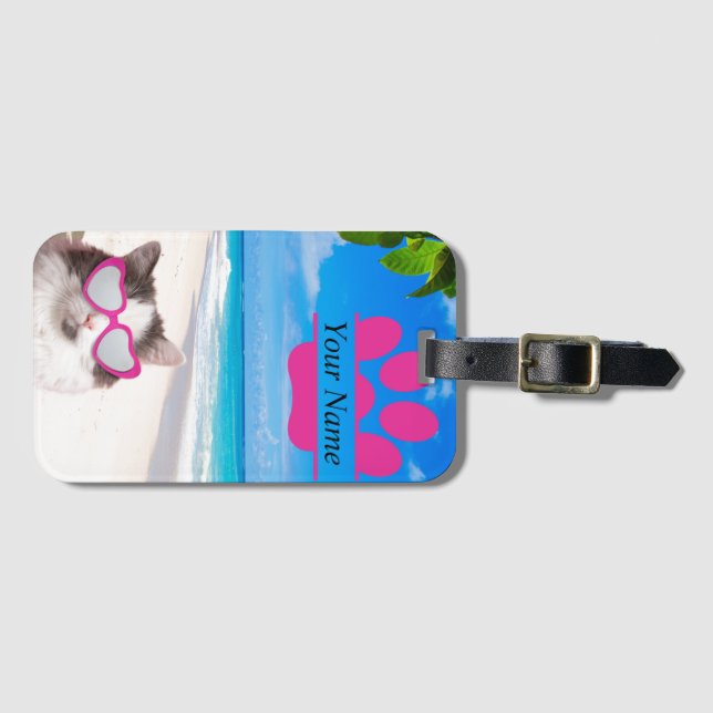 Personalized Beach Cat Luggage Tag (Front Horizontal)