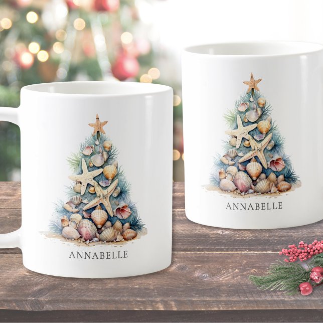 Personalized Beach Christmas Coffee Mug (Personalized Name Christmas Tree Beach Coffee Mug)