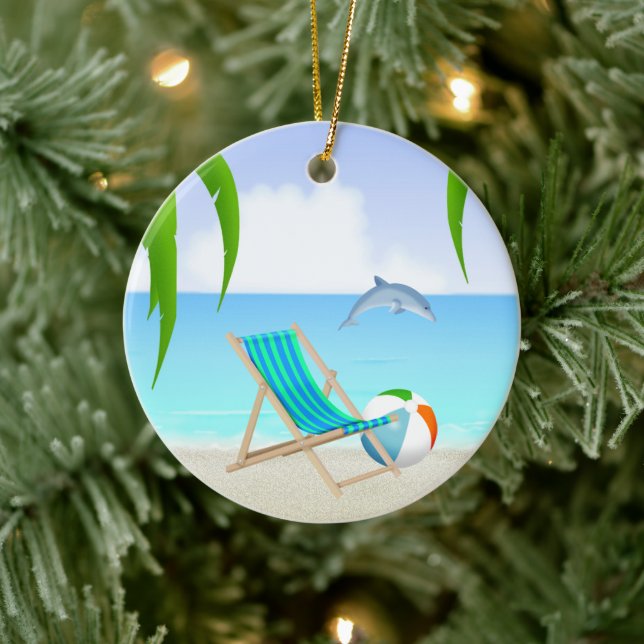 Personalized Beach Fun Dolphin Holiday Christmas Ceramic Ornament (Tree)