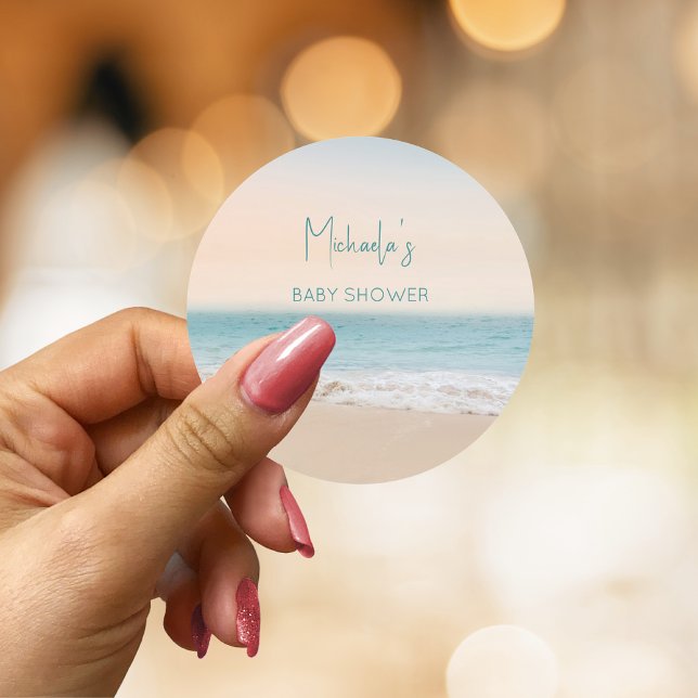 Personalized  Beach Gender Neutral Baby Shower  Classic Round Sticker (Creator Uploaded)