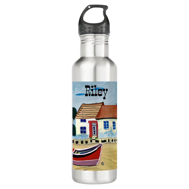 Personalized Beach House and Boat Stainless Steel Water Bottle (Front)