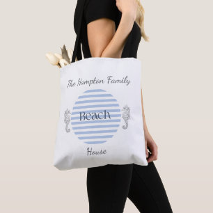 Personalized Beach House, Blue Coastal Stripe  Tote Bag