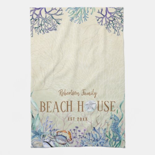 Personalized Beach House Coastal Coral Reef Kitchen Towel