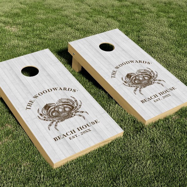Personalized Beach House Crab White Wood Brown Cornhole Set (Creator Uploaded)