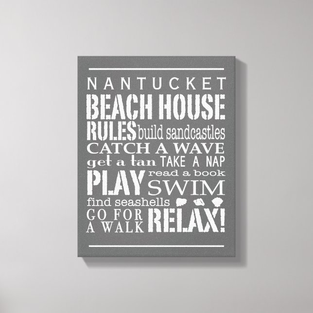 Personalized Beach House Rules Gray | White Canvas Print (Front)