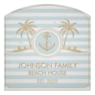 Personalized Beach House Sign Pastel Blue Stripes