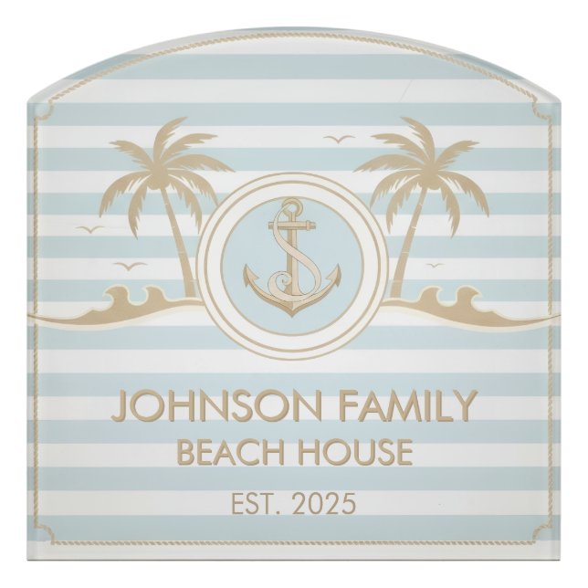 Personalized Beach House Sign Pastel Blue Stripes (Contour Front)