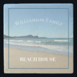 Personalized Beach House  Stone Coaster<br><div class="desc">Entertain your guests in style with this stylish stone coaster,  perfect for your beach house or vacation home. The design features the tranquil blue waters of Seal Rocks,  off the coast of Sydney,  Australia. The stylish white text is customizable so you can add your own family name.</div>