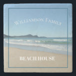 Personalized Beach House  Stone Coaster<br><div class="desc">Entertain your guests in style with this stylish stone coaster,  perfect for your beach house or vacation home. The design features the tranquil blue waters of Seal Rocks,  off the coast of Sydney,  Australia. The stylish white text is customizable so you can add your own family name.</div>