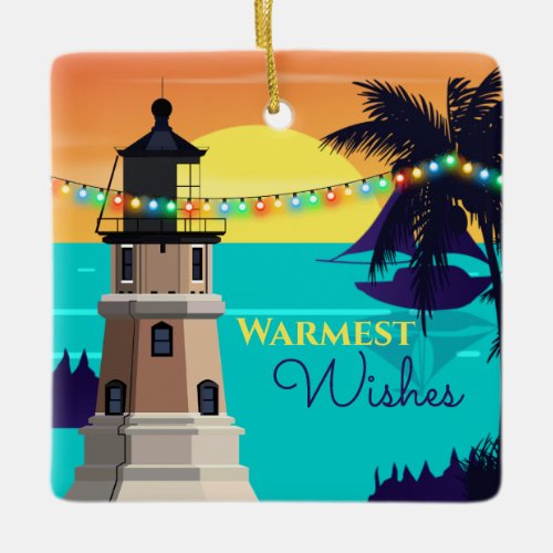 Personalized Beach Lighthouse Christmas Lights Ceramic Ornament