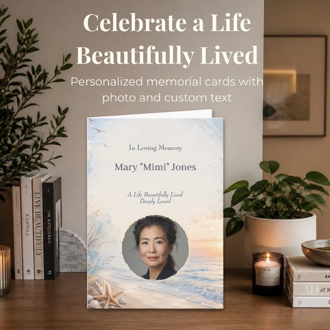 Personalized Beach Memorial Card with Photo (Elegant beach memorial card with custom photo and text for celebration of life services.)