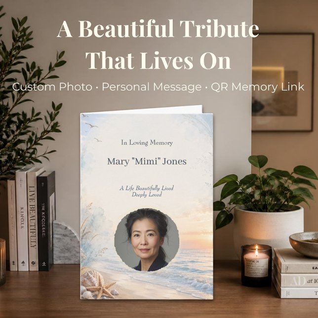 Personalized Beach Memorial with Photo and Code Card (Personalized memorial card with photo and QR code linking to music, videos, or tributes.)