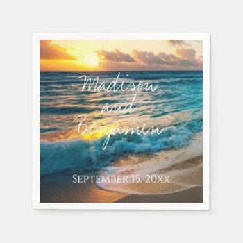 Personalized Beach Ocean Wedding Name Date Napkins by CustomWeddingSets at Zazzle