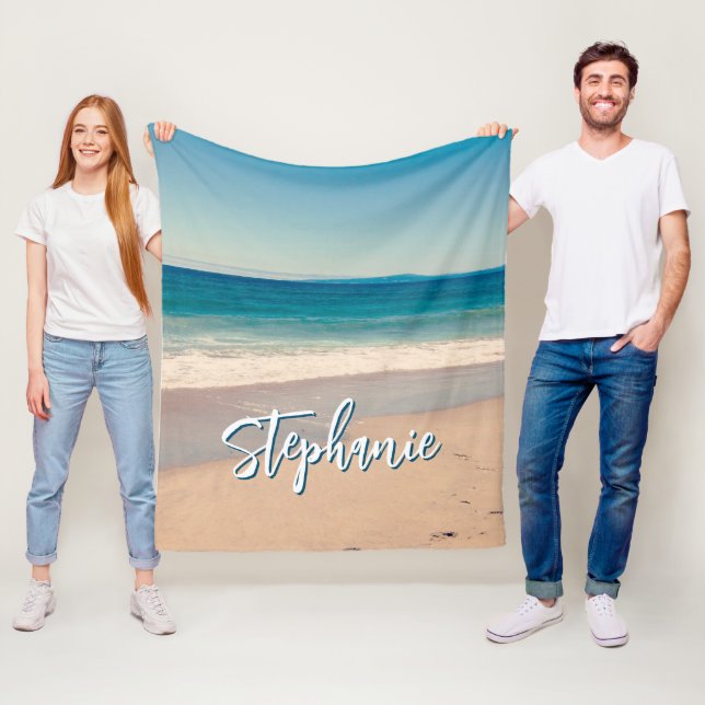 Personalized Beach Photo Ocean Blue Fleece Blanket (In Situ)