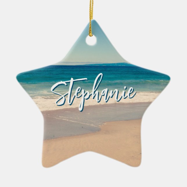 Personalized Beach Photo Ocean Blue Scenic Ceramic Ornament (Front)