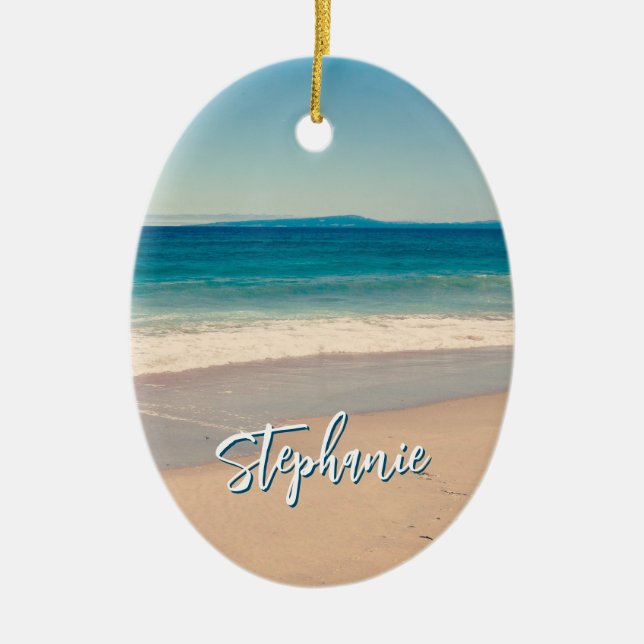 Personalized Beach Photo Ocean Blue Scenic Ceramic Ornament (Front)