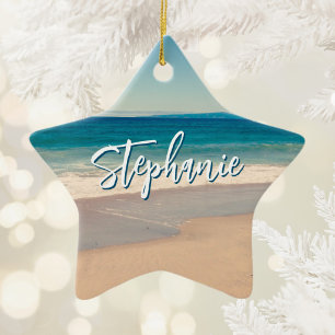 Personalized Beach Photo Ocean Blue Scenic Ceramic Ornament