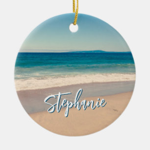Personalized Beach Photo Ocean Blue Scenic Ceramic Ornament