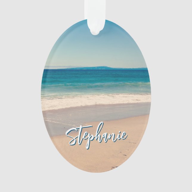 Personalized Beach Photo Ocean Blue Scenic Ornament (Front)