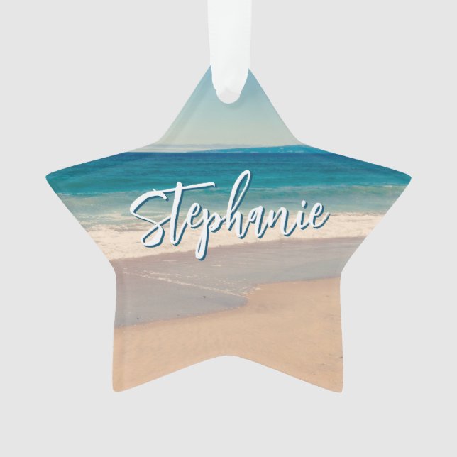 Personalized Beach Photo Ocean Blue Scenic Ornament (Front)